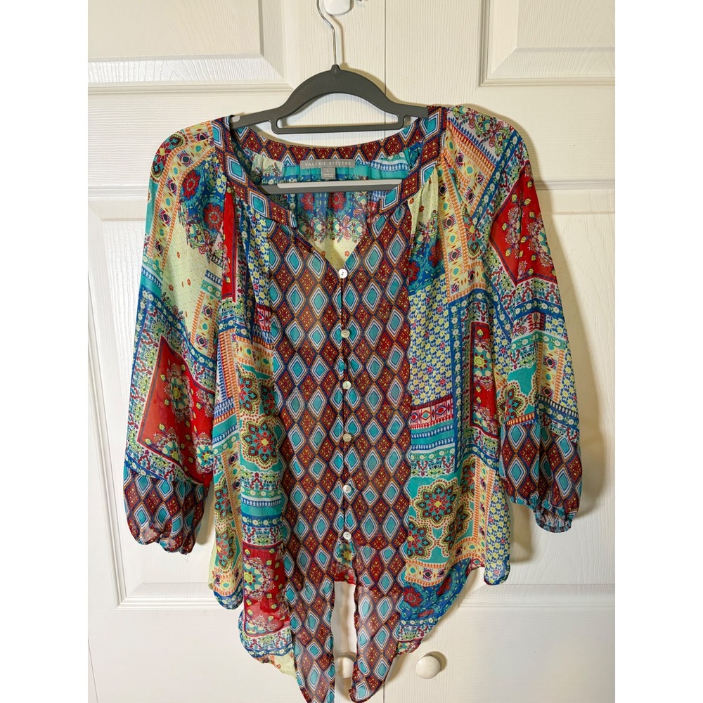 Valerie Stevens Mixed Patchwork Print Tie Front Blouse Boho 3/4 Sleeve Top L